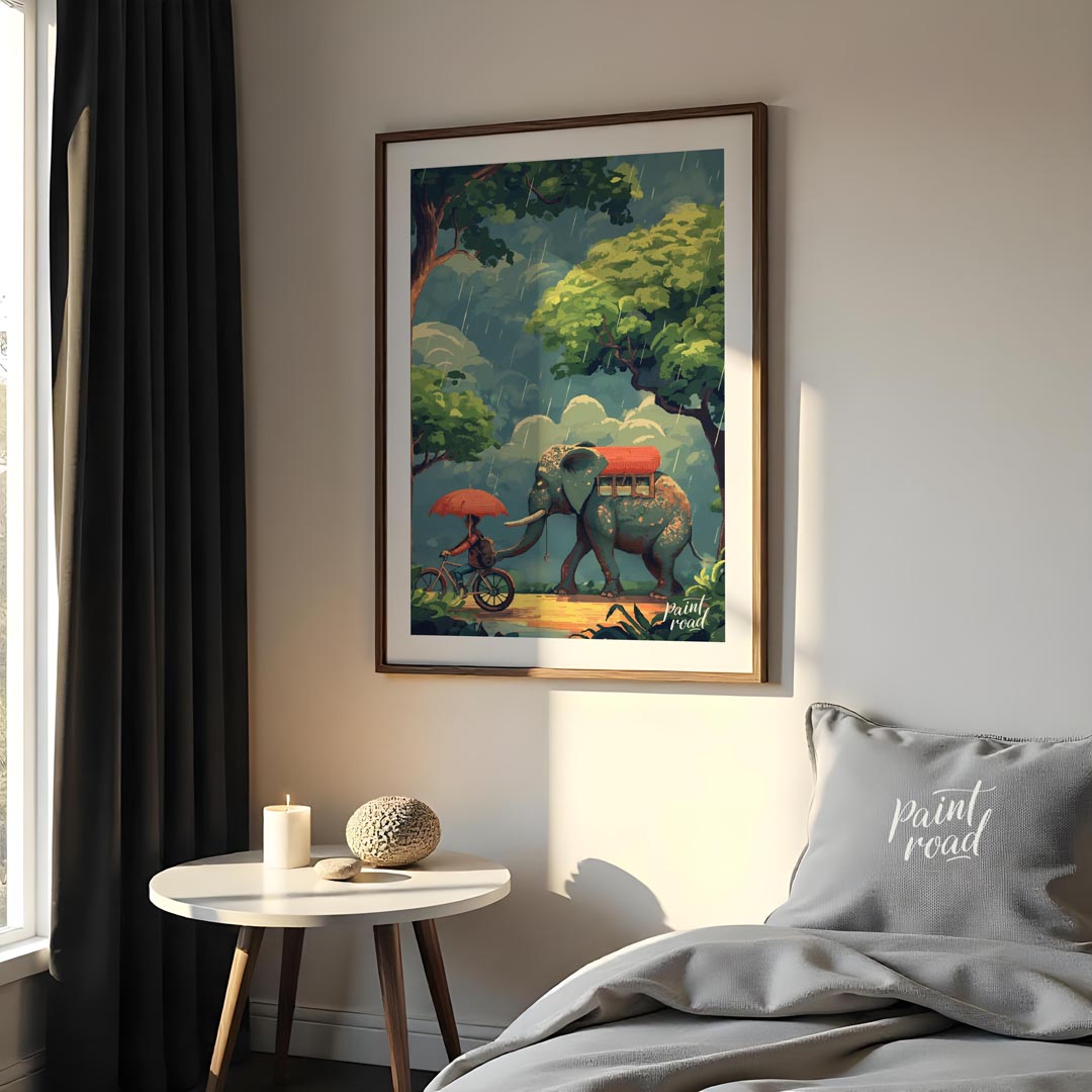 This charming and whimsical illustration captures a peaceful moment in a rain shower, featuring a p… for bedroom