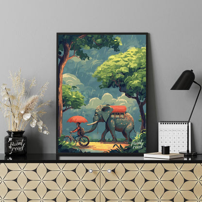 This charming and whimsical illustration captures a peaceful moment in a rain shower, featuring a p… for living room