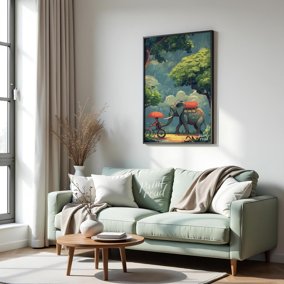 This charming and whimsical illustration captures a peaceful moment in a rain shower, featuring a p… for living room