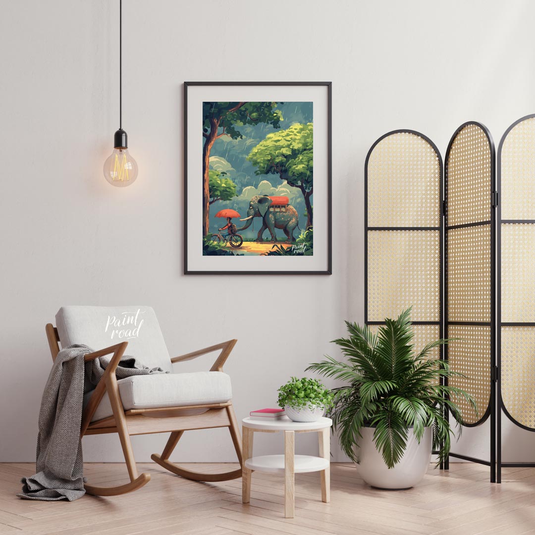 This charming and whimsical illustration captures a peaceful moment in a rain shower, featuring a p… for living room