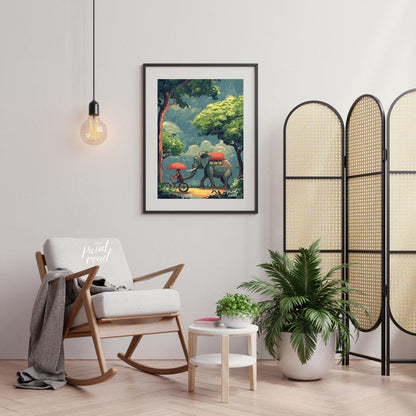 This charming and whimsical illustration captures a peaceful moment in a rain shower, featuring a p… for living room