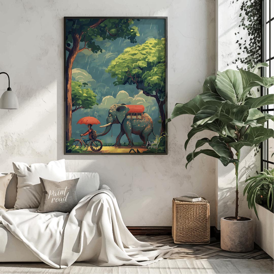 This charming and whimsical illustration captures a peaceful moment in a rain shower, featuring a p… for living room