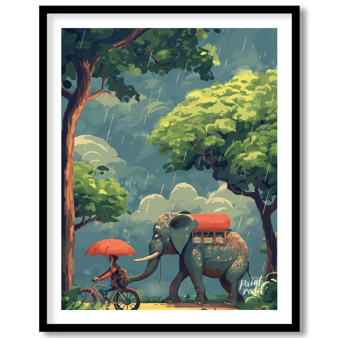This charming and whimsical illustration captures a peaceful moment in a rain shower, featuring a p… for loft