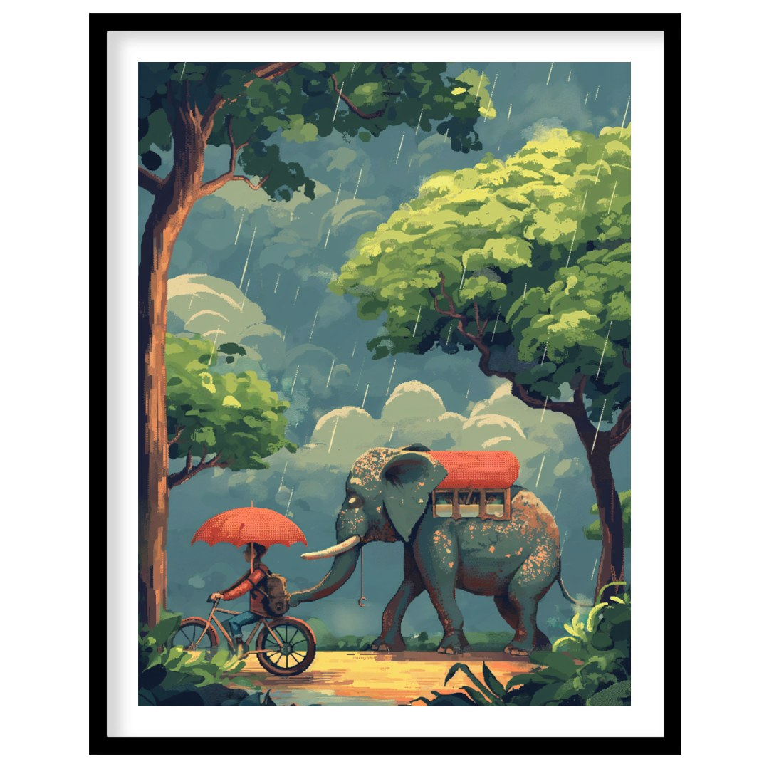 This charming and whimsical illustration captures a peaceful moment in a rain shower, featuring a p… for loft