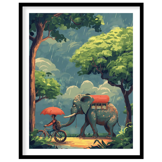 This charming and whimsical illustration captures a peaceful moment in a rain shower, featuring a p… for loft