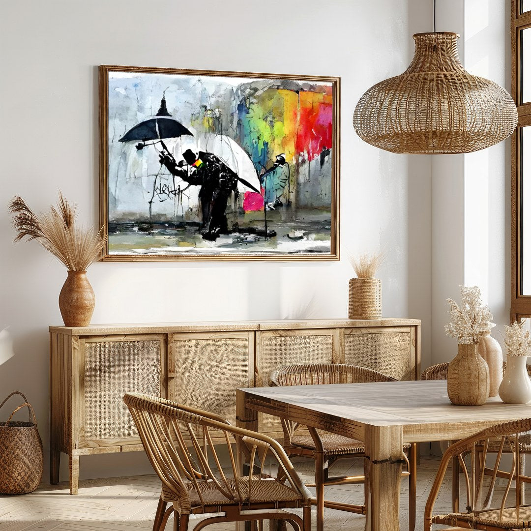 This captivating artwork captures the vibrant dynamics of a rainy urban scene. Featuring striking for Dining