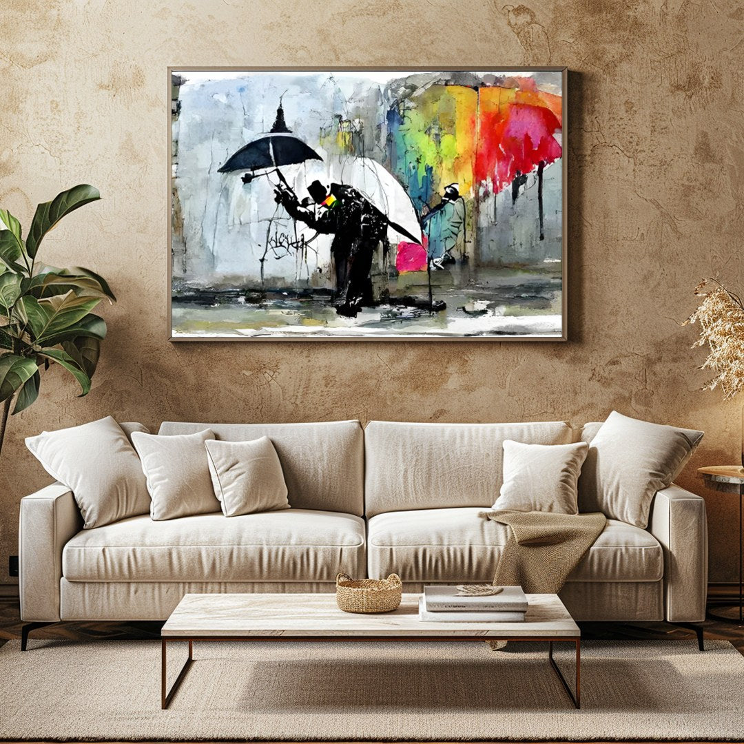 This captivating artwork captures the vibrant dynamics of a rainy urban scene. Featuring striking for Family Room