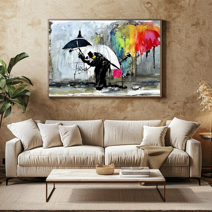 This captivating artwork captures the vibrant dynamics of a rainy urban scene. Featuring striking for Family Room