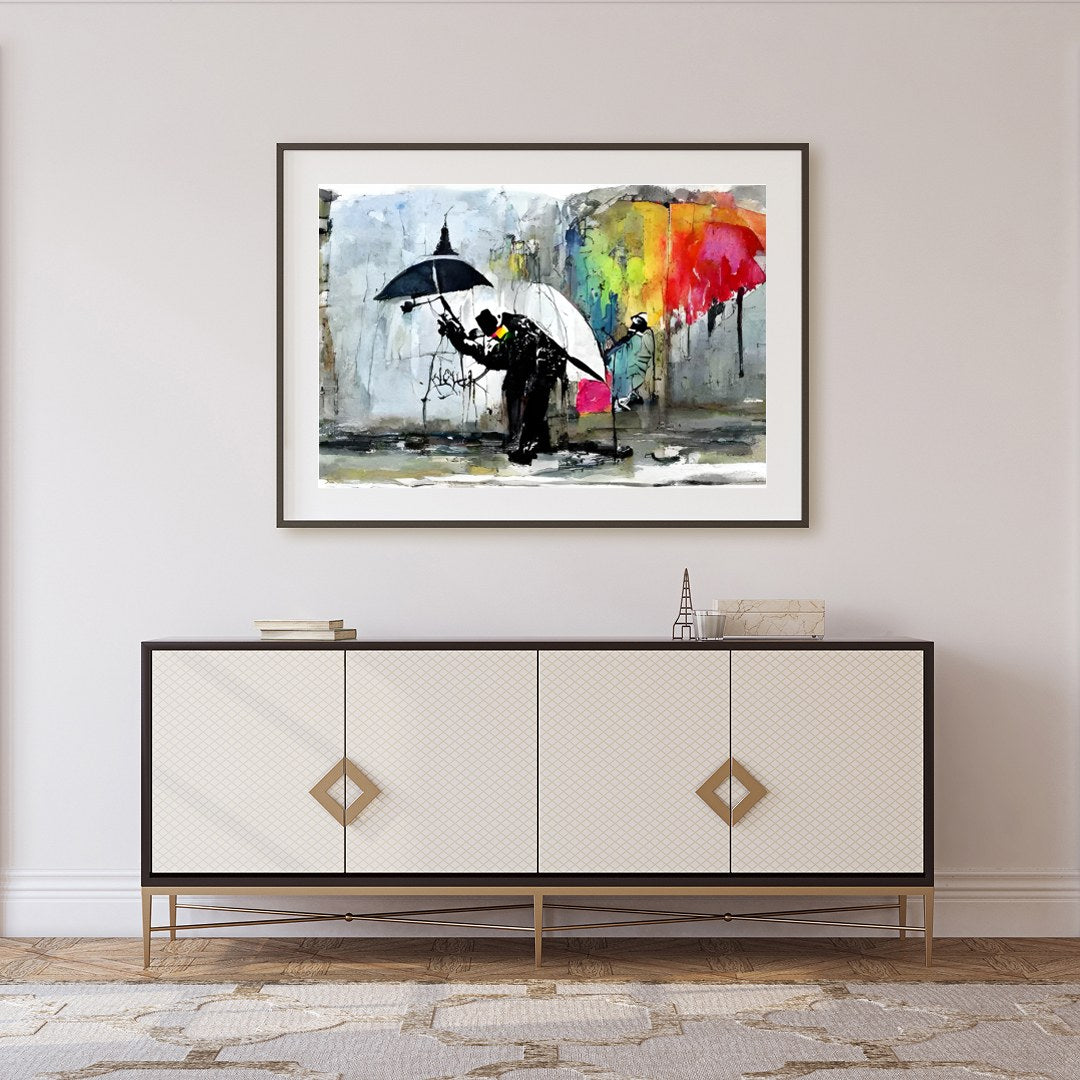 This captivating artwork captures the vibrant dynamics of a rainy urban scene. Featuring striking for Foyer