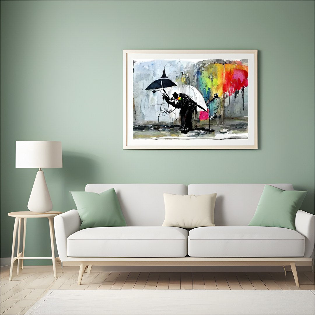 This captivating artwork captures the vibrant dynamics of a rainy urban scene. Featuring striking for Hall