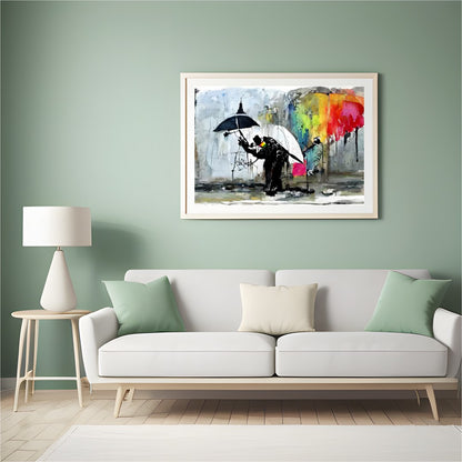 This captivating artwork captures the vibrant dynamics of a rainy urban scene. Featuring striking for Hall