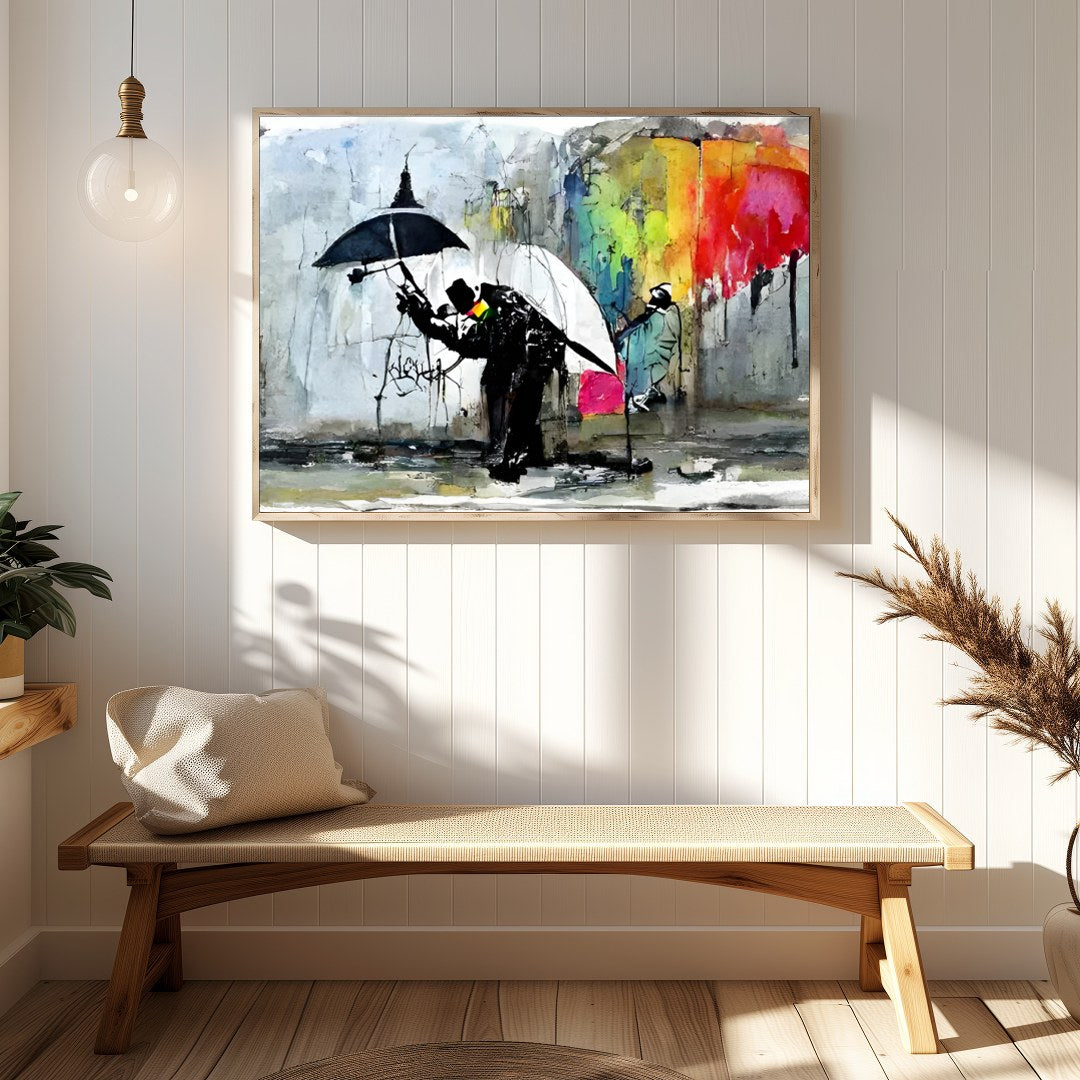 This captivating artwork captures the vibrant dynamics of a rainy urban scene. Featuring striking for Hallway