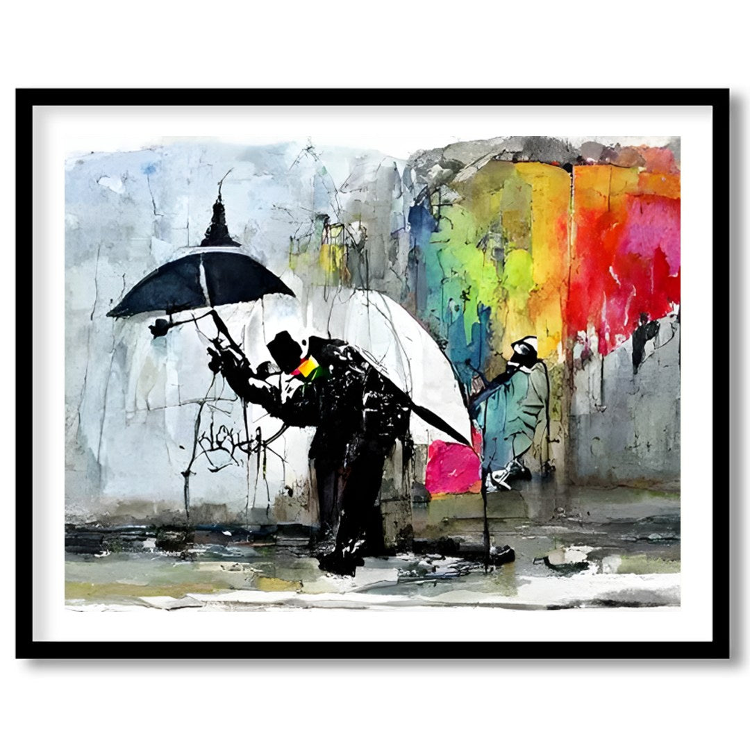This captivating artwork captures the vibrant dynamics of a rainy urban scene. Featuring striking for haven