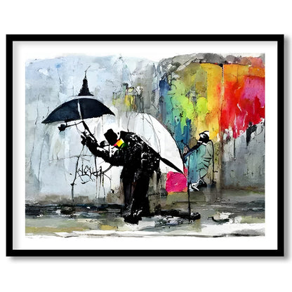 This captivating artwork captures the vibrant dynamics of a rainy urban scene. Featuring striking for haven