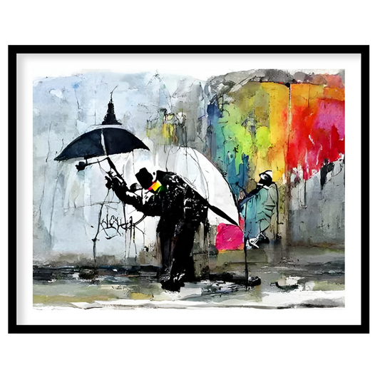 This captivating artwork captures the vibrant dynamics of a rainy urban scene. Featuring striking for haven