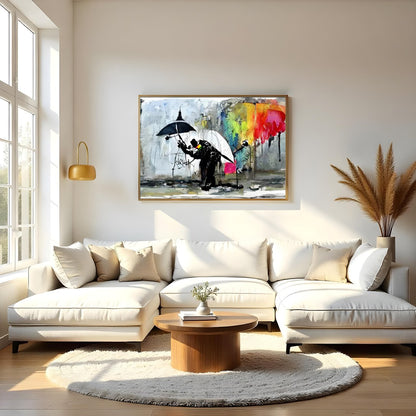 This captivating artwork captures the vibrant dynamics of a rainy urban scene. Featuring striking for Living Room
