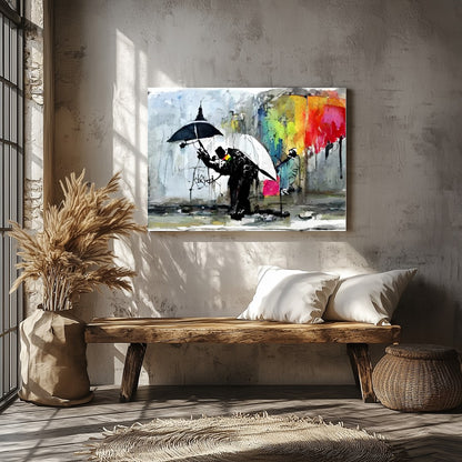 This captivating artwork captures the vibrant dynamics of a rainy urban scene. Featuring striking for Veranda