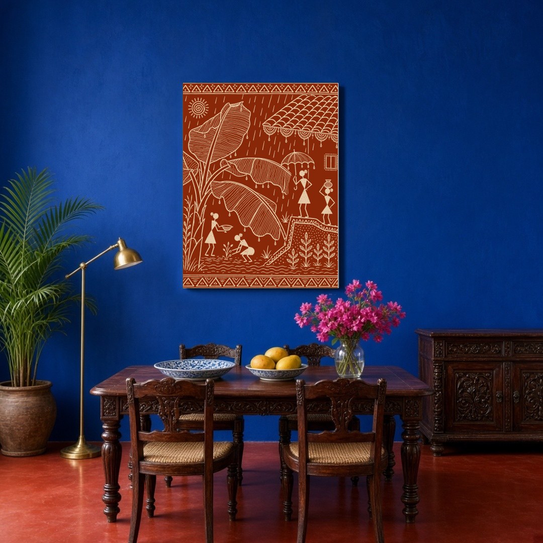This exquisite Warli art print captures the vibrant essence of village life during a refreshing for Dining