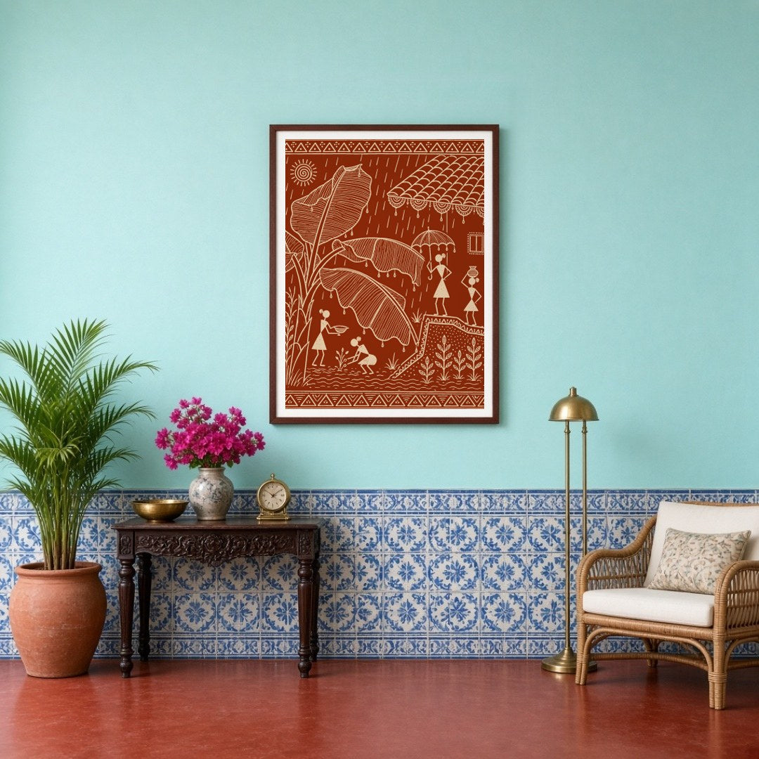 This exquisite Warli art print captures the vibrant essence of village life during a refreshing for Entrance