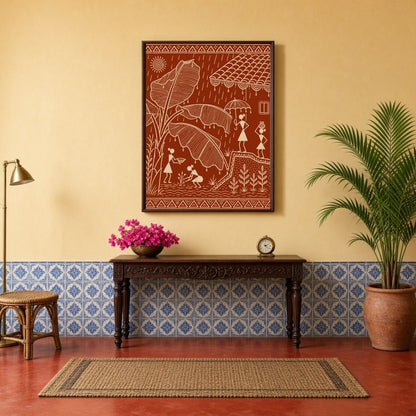 This exquisite Warli art print captures the vibrant essence of village life during a refreshing for Hallway