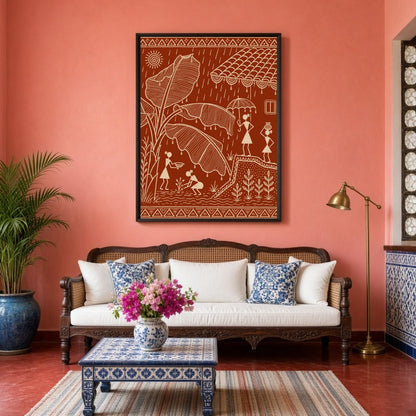 This exquisite Warli art print captures the vibrant essence of village life during a refreshing for Living Room