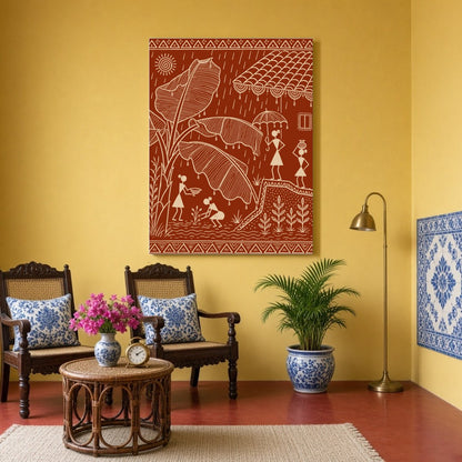This exquisite Warli art print captures the vibrant essence of village life during a refreshing for Sitting Area