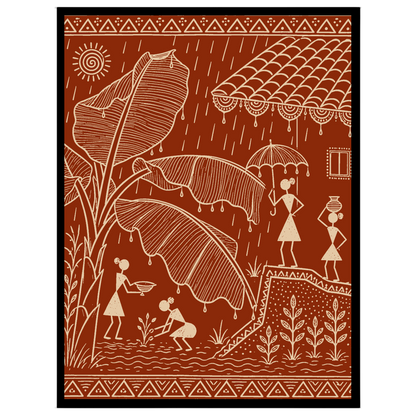 This exquisite Warli art print captures the vibrant essence of village life during a refreshing for studio