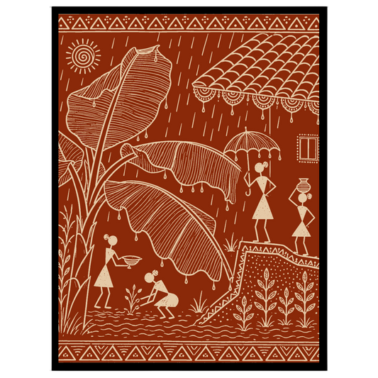 This exquisite Warli art print captures the vibrant essence of village life during a refreshing for studio