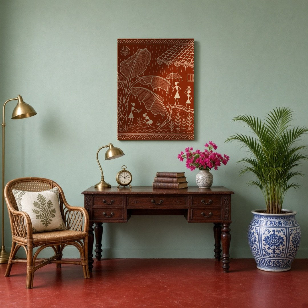 This exquisite Warli art print captures the vibrant essence of village life during a refreshing for Study