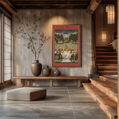 Immerse yourself in the vibrant culture of Rajasthan with this exquisite artwork depicting a for Hall