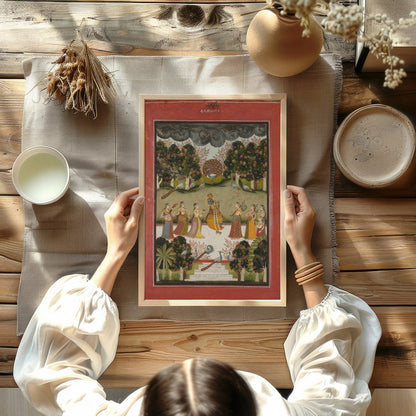 Immerse yourself in the vibrant culture of Rajasthan with this exquisite artwork depicting a for Kitchen