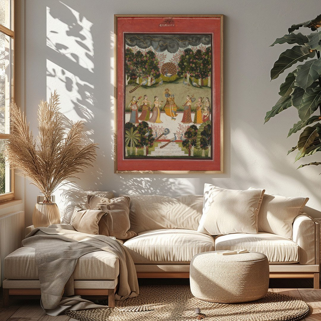 Immerse yourself in the vibrant culture of Rajasthan with this exquisite artwork depicting a for Sitting Area