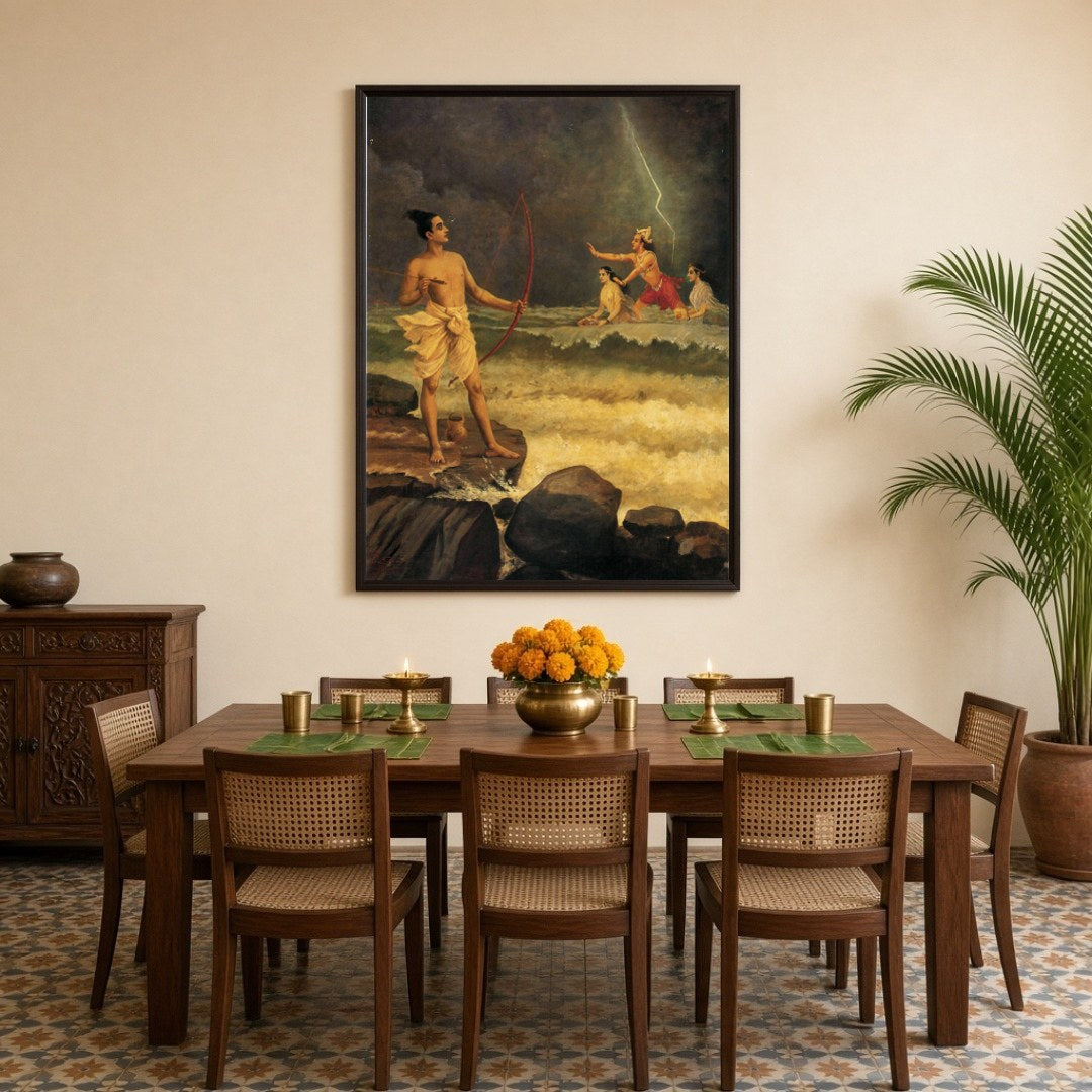 Immerse yourself in the epic drama of Ramayana with this stunning artwork depicting Rama appealing for Dining