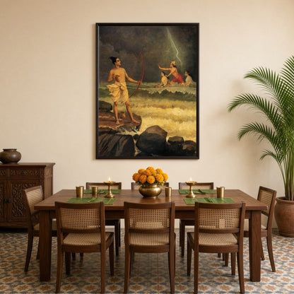 Immerse yourself in the epic drama of Ramayana with this stunning artwork depicting Rama appealing for Dining