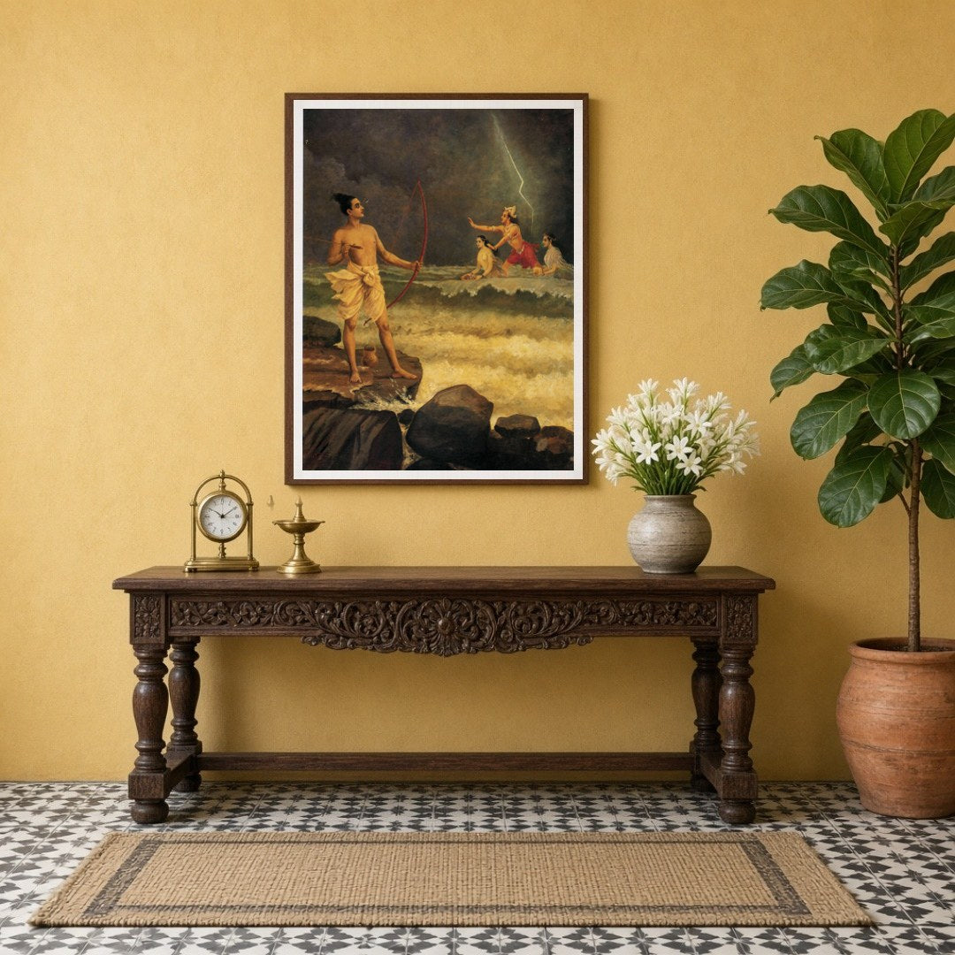 Immerse yourself in the epic drama of Ramayana with this stunning artwork depicting Rama appealing for Entrance