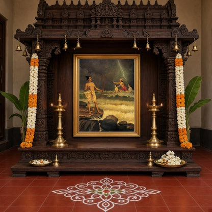 Immerse yourself in the epic drama of Ramayana with this stunning artwork depicting Rama appealing for Home Temple