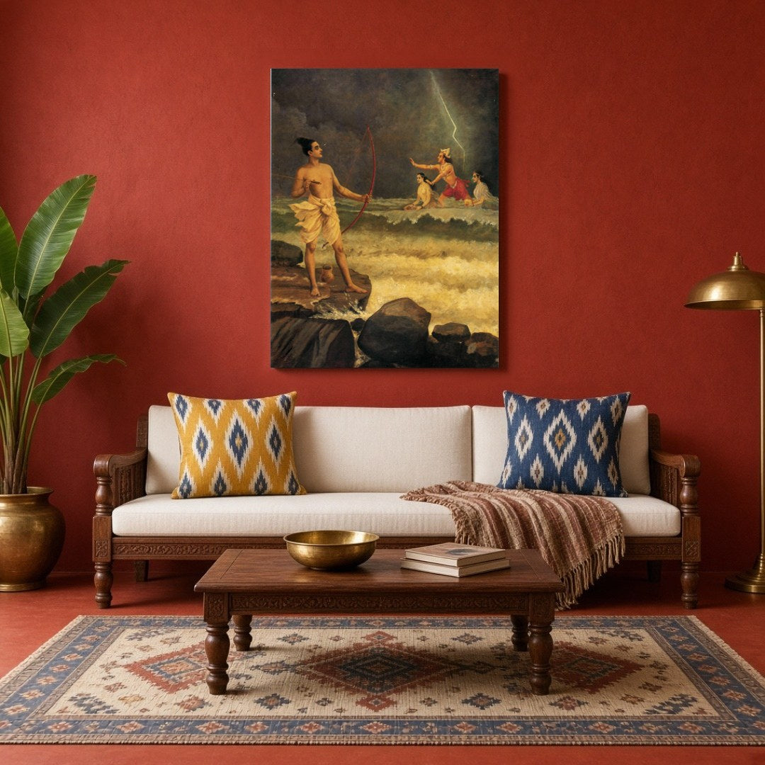 Immerse yourself in the epic drama of Ramayana with this stunning artwork depicting Rama appealing for Living Room