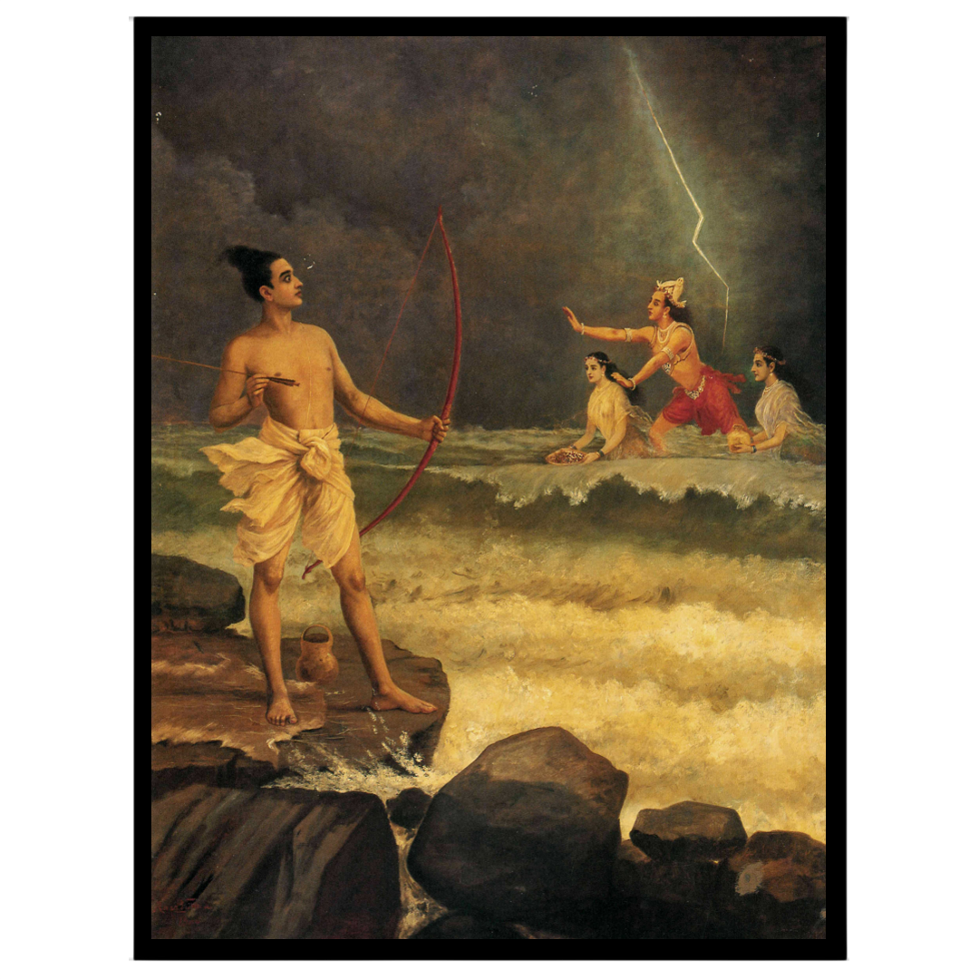Immerse yourself in the epic drama of Ramayana with this stunning artwork depicting Rama appealing for place