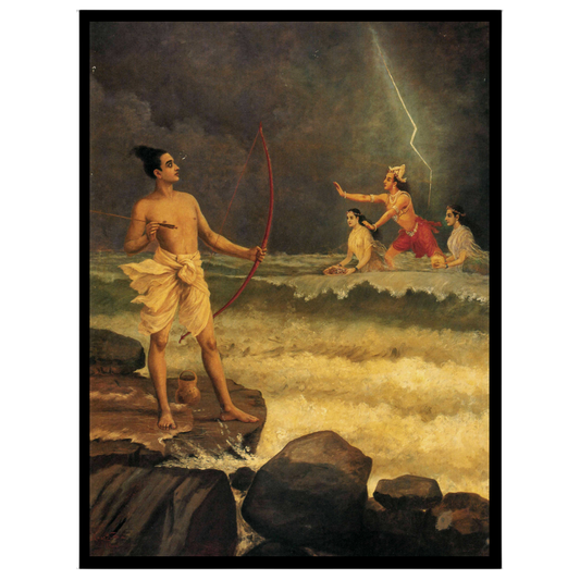 Immerse yourself in the epic drama of Ramayana with this stunning artwork depicting Rama appealing for place