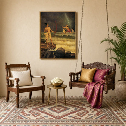 Immerse yourself in the epic drama of Ramayana with this stunning artwork depicting Rama appealing for Sitting Lounge