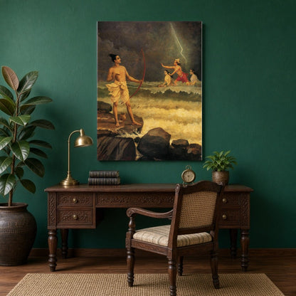 Immerse yourself in the epic drama of Ramayana with this stunning artwork depicting Rama appealing for Study