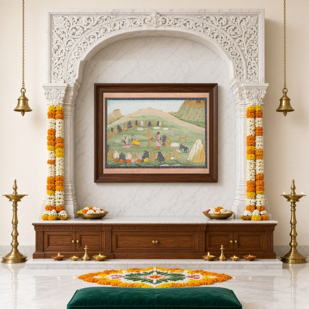 Immerse yourself in the epic tales of Ramayana with this stunning Indian miniature artwork. for Home Temple