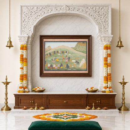 Immerse yourself in the epic tales of Ramayana with this stunning Indian miniature artwork. for Home Temple