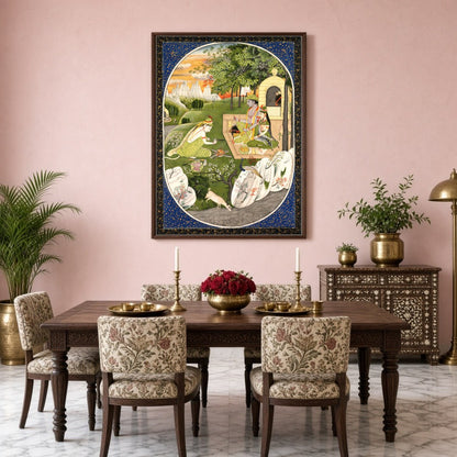 Experience the enchanting allure of this Indian Miniature artwork depicting Rama, Sita, and for Dining