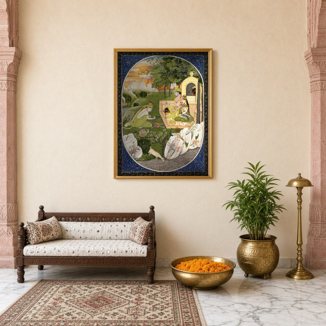 Experience the enchanting allure of this Indian Miniature artwork depicting Rama, Sita, and for Entrance