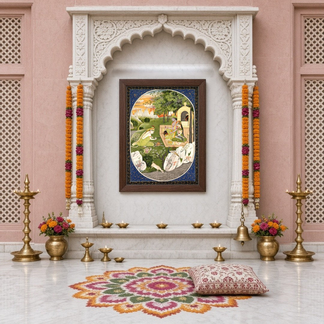 Experience the enchanting allure of this Indian Miniature artwork depicting Rama, Sita, and for Home Temple