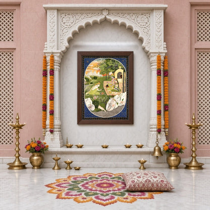 Experience the enchanting allure of this Indian Miniature artwork depicting Rama, Sita, and for Home Temple
