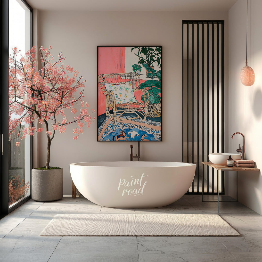 This painting captures a cozy interior scene with a rattan chair as the focal point. The chair, ado… for bathroom
