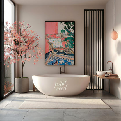 This painting captures a cozy interior scene with a rattan chair as the focal point. The chair, ado… for bathroom