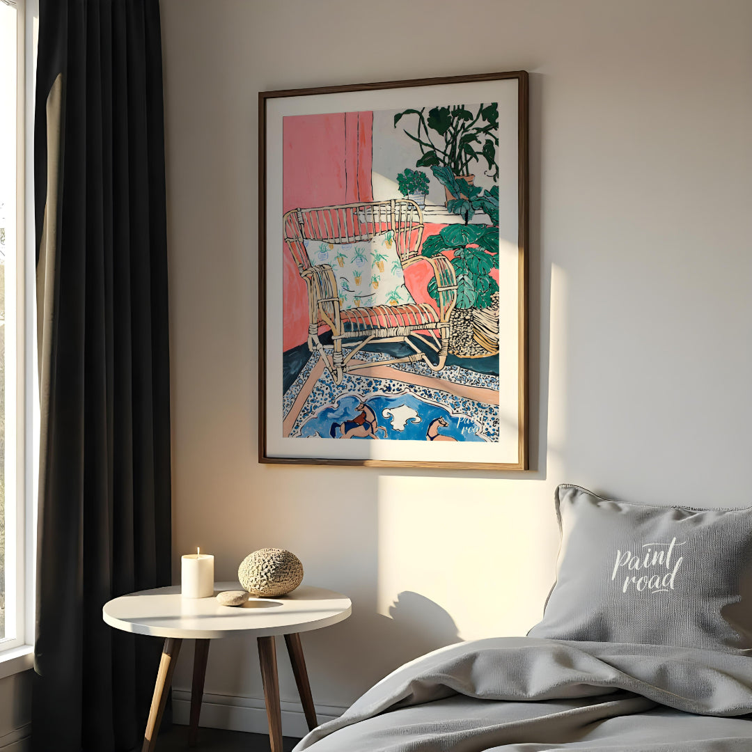 This painting captures a cozy interior scene with a rattan chair as the focal point. The chair, ado… for bedroom